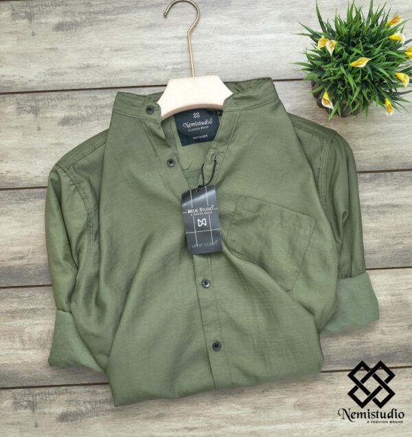 Olive Green Mandarin Collar Shirt - Image 4