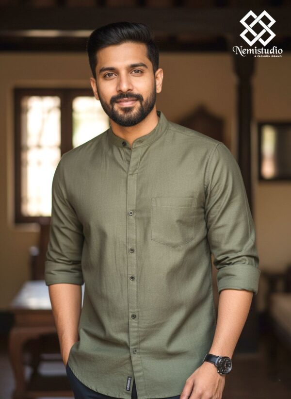 Olive Green Mandarin Collar Shirt